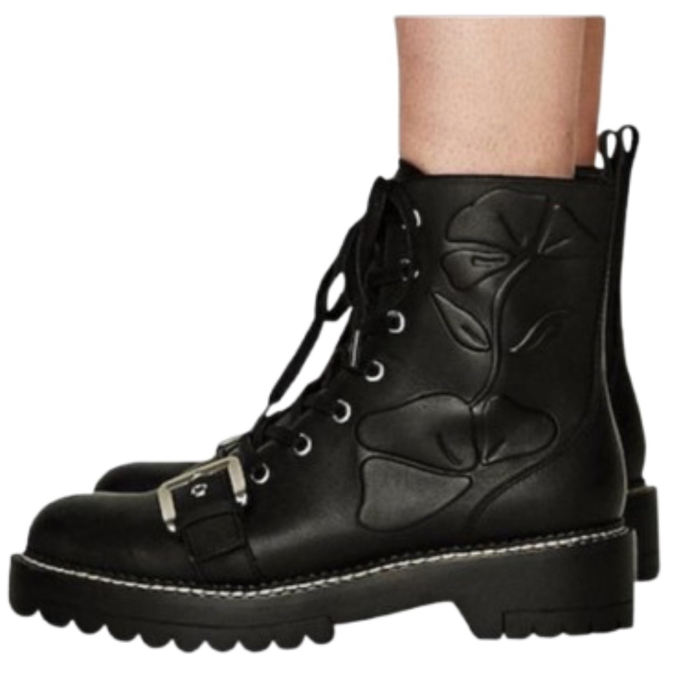 ZARA Floral Embossed Combat Boots with Buckle